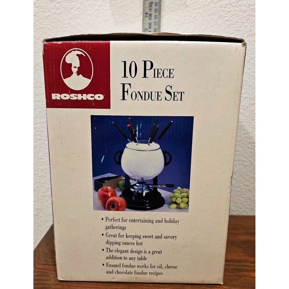 Vintage Roshco Enamel 10 Piece Fondue Set White Black Mid Century Retro Kitchen